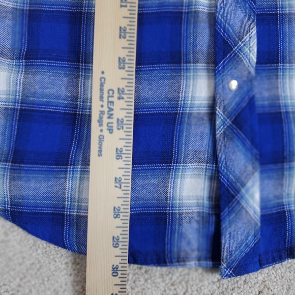 Wrangler Wrancher Men's Flannel Shirt Blue Plaid Long Sleeve Size L Pearl Snaps - Picture 8 of 16